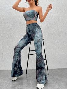 SHEIN EZwear 2pcs Women's Tie-Dye Bandeau Top And Flare Pants Set, Spring/Summer - Black and White - View 6