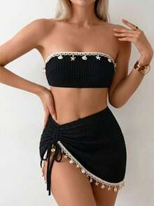 Swim Oasis Bộ đồ bơi đi biển 3 mảnh vải bong bóng họa tiết màu đen không dây gợi cảm cho nữ - màu đen - Xem 4