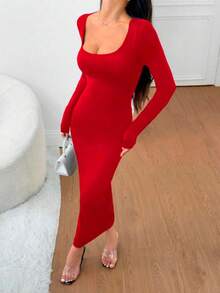 Vestido largo mujer manga larga ajuste ceñido elegante - Rojo - Ver 2