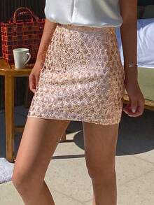 DAZY 女士亮片拼接时尚百搭约会派对迷你裙 - 粉色 - 查看 3