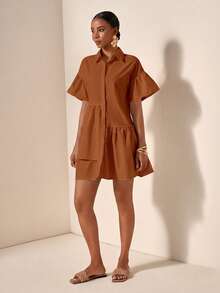 Slaydiva Women Holiday Solid Color Short Sleeve Single-Breasted Ruffle Hem Casual Shirt Dress - Brown - View 5