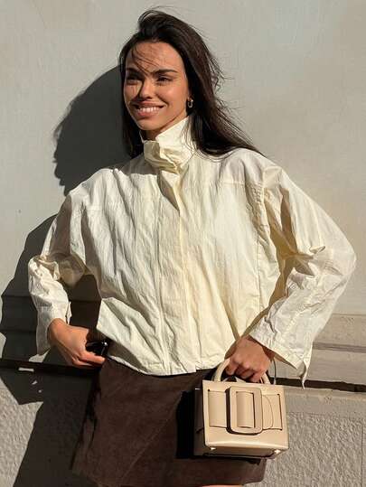 Livesso Women's Casual Loose Street Fashion Cinched Waist Stand Collar Lightweight Jacket Cardigan, Suitable For Spring, Summer, Autumn