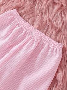 Girls Toddler Pink Plaid Applique Embroidery White Short Sleeve Regular T-Shirt Paired With Pink Plaid Casual Pants Pajama Set, Loungewear - Multicolor - View 4