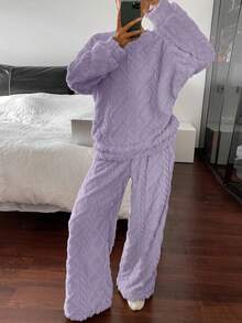 DAZY 2pcs Women's Thick Plush Textured Loose Long Sleeve Top And Pants Pajama Set, Winter - Purple - View 7