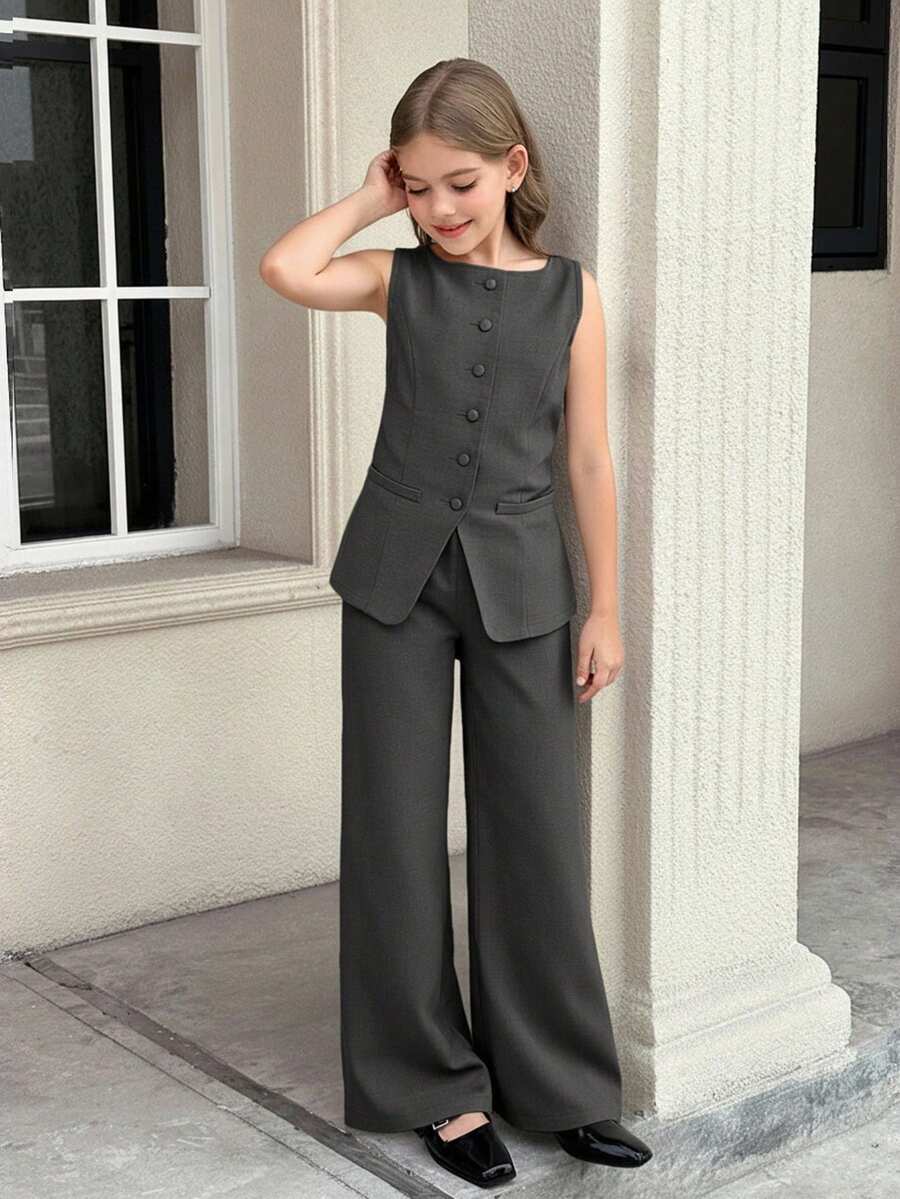 SHEIN Serisse Kids 少女通勤休闲纯色圆领无袖上衣和直筒裤套装 - 灰色 - 查看 1