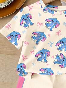SHEIN Cream White, Cute Cartoon Blue Rabbit Stitch Pattern, Pink Contrast Trim, Young Girl Casual Loose Short Sleeve Round Neck T-Shirt And Shorts Legging 2-Piece Set, Suitable For Spring/Summer Daily, Home, Campus, Spring & Summer Outfits For Outing, Sets For Girls, Stylish Kids, Casual Wear, Kids Cartoon Animal Graphic Clothes, Spring & Summer Fashion, Spring & Summer Clothes, Girls Summer Outfits - Multicolor - View 6