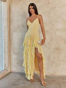 Enchnt Spring/Summer Romantic Women's Yellow Ruffle Trim Slit Bodycon Slip Maxi Dress, European And American Style,Sweet&Elegant For Vacation&Date&Holiday&Going Out,Spring Outfit Women - Butter Yellow - View 3