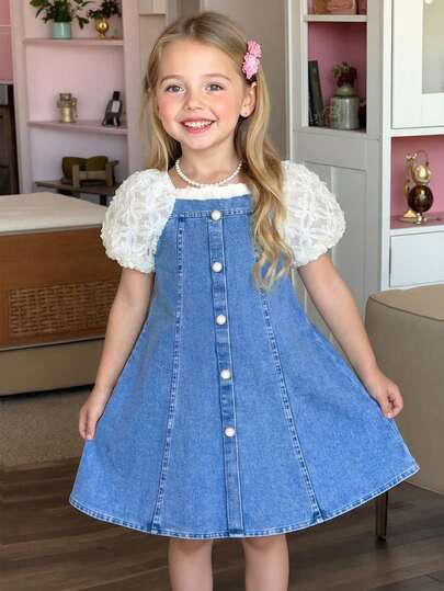 SHEIN 女童优雅蝴蝶结装饰连衣裙，白色和蓝色，休闲户外度假沙滩裙