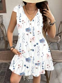 SHEIN LUNE 大码女式碎花V领无袖休闲度假连衣裙 - 彩色 - 查看 4