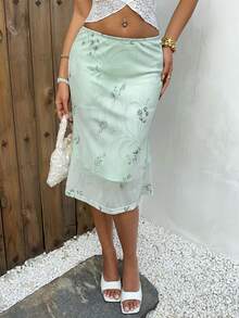 Aloruh Chân váy lưới dệt kim in hoa màu xanh nhạt, trang phục thường ngày thanh lịch cho kỳ nghỉ và đi làm. - màu xanh lá - Xem 3