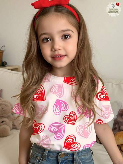 SHEIN 1件装少女休闲爱心印花甜美时尚圆领短袖T恤，适合夏季穿着