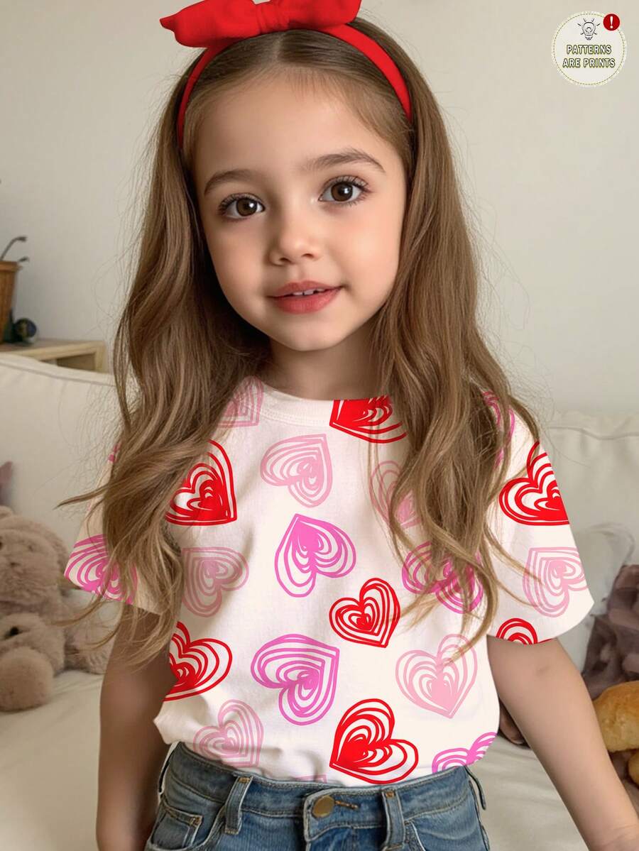 SHEIN 1件装少女休闲爱心印花甜美时尚圆领短袖T恤，适合夏季穿着