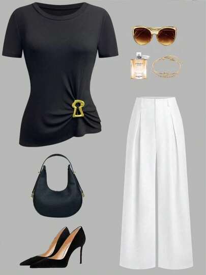 Franclia Women's Casual Everyday Office Commute Metal Decor Pleated Short Sleeve Black T-Shirt