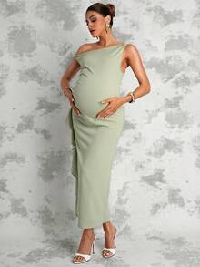 MaterniChic 孕妇纯色不对称肩部褶皱拼接荷叶边下摆侧开衩优雅连衣裙 - 卡其色 - 查看 5