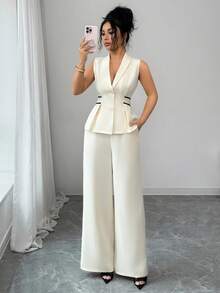 Elenzga 杏色和黑色撞色收腰V领无袖优雅职业正装套装，适合工作、会议、教师、学生、旅行等场合，春夏两件套 - 杏色 - 查看 7