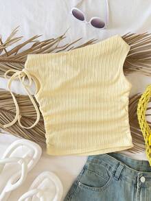 SHEIN 少女纯色扭结不对称领休闲T恤 - 黃色 - 查看 2