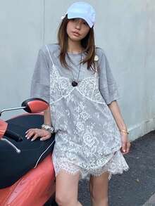 DAZY 女士蕾丝拼接二合一短袖连衣裙太阳裙，休闲女装