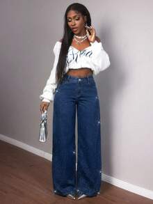 Slaydiva Women's High Waist Pockets Rhinestone Embellished Wide Leg Loose Fit Jeans - Medium Wash - View 3