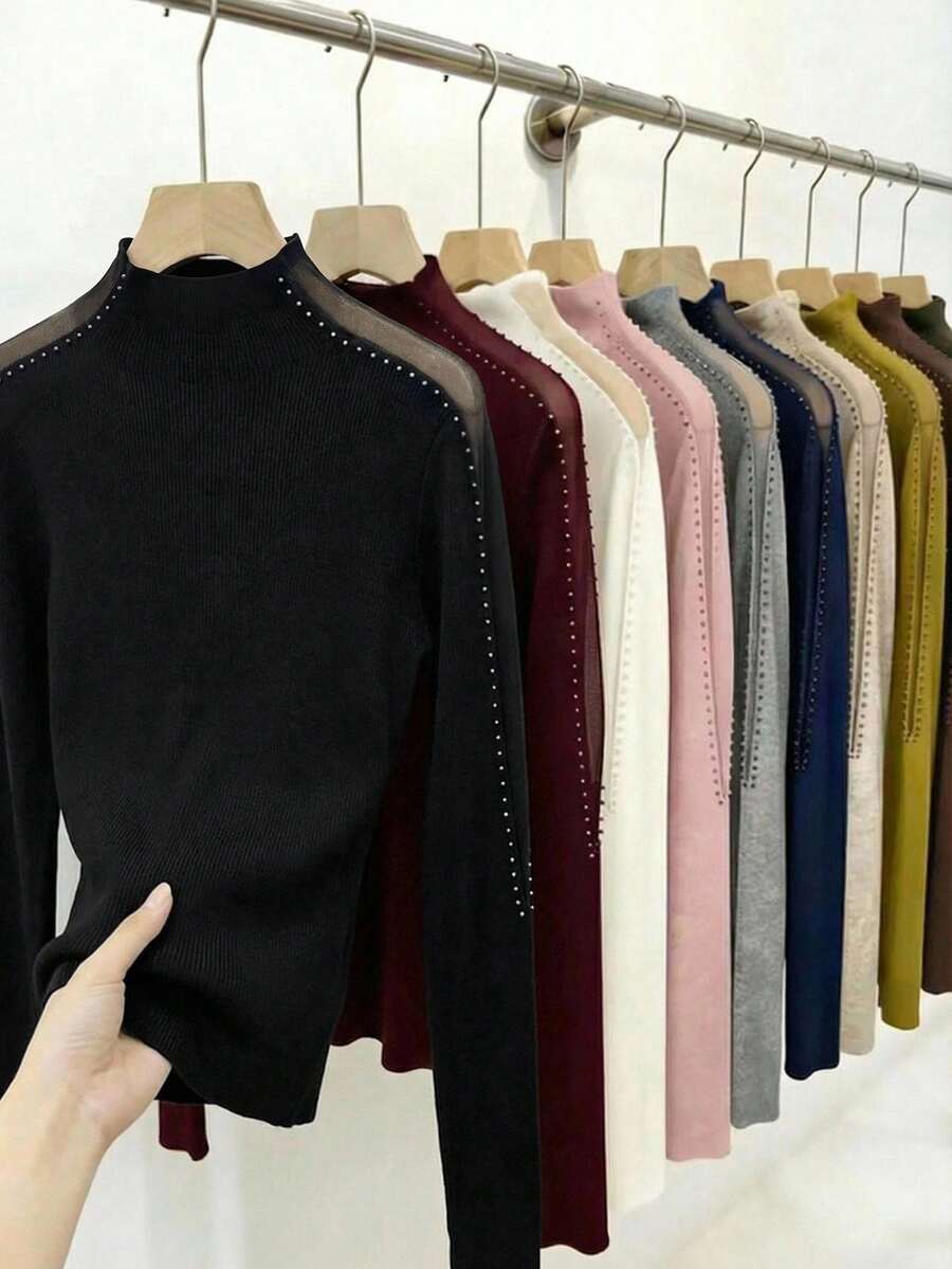 Franclia Women's Slim Fit Turtleneck Sweater With Shoulder Mesh Cutout And Bubble Pearl Design, Suitable For Daily Commute - Black - View 1