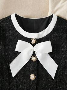SHEIN Serisse Kids 少女圆领蝴蝶结装饰单排扣短袖衬衫和迷你裙，法式优雅休闲套装 - 黑色 - 查看 4