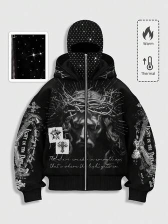 Street Life Giacca con cappuccio con chiusura lampo elegante e scura, con decorazioni in strass, per uomo