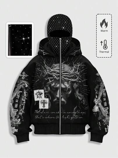 Street Life Giacca con cappuccio con chiusura lampo elegante e scura, con decorazioni in strass, per uomo