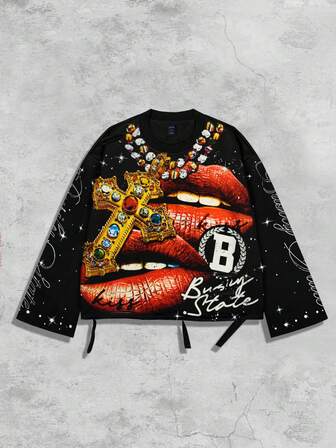 Street Life T-shirt col ras-du-cou à manches longues pour hommes, style de rue vintage avec graphique Saint délavé, automne