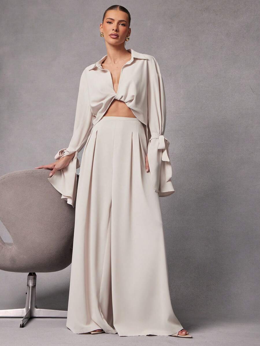 Hauture 女士日常休闲简约优雅梭织阔腿弹力后腰长裤 - 米色 - 查看 1