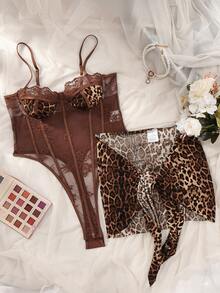 SHEIN 2pcs  Lace Up Bodysuit & Mini Skirt Sexy Set, Going Out Leopard Print Lingerie - Coffee Brown - View 6