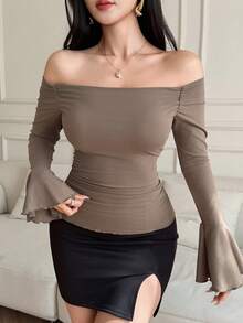 DAZY Elegant Off-Shoulder Fitted T-Shirt For Women, Suitable For Party, Valentine's Day, Y2K Style, Spring/Summer - Brown - View 5