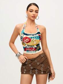 MTV | SHEIN 女士字母和嘴唇印花露背吊带背心 - 彩色 - 查看 3