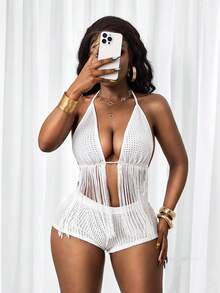 SHEIN BamGlam 女士度假款镂空流苏性感露背吊带背心 - 白色 - 查看 4