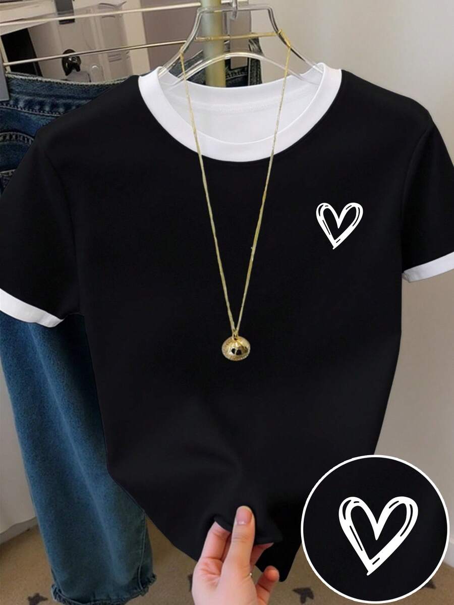 春夏少女休闲时尚创意个性清新简约爱心撞色印花舒适基础款短款T恤，温暖的夏秋风格，适合春、夏、秋季穿着，氛围感十足的上衣 - 彩色 - 查看 1