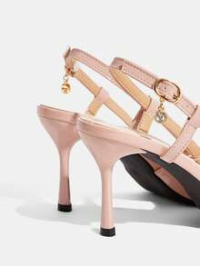 CUCCOO TILAWA Giày cao gót mũi nhọn màu trơn dành cho nữ, giày cao gót dự tiệc thời trang, giày cao gót hở mũi có quai ngang mắt cá chân, phù hợp với váy dạ hội. - Hồng - Xem 4