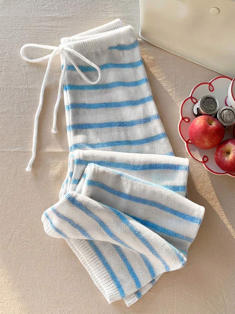 Comfortcana Women's Casual Vacation Drawstring Waist Striped Knit Pants - Blue and White - View 1