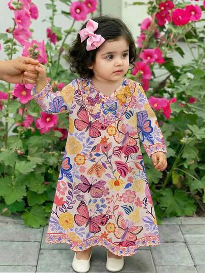 Floral Arabian Robe, Elegant Floral Collar, Casual And Simple Traditional Long-Sleeved Arabian Dress, Suitable For Spring And Summer Wear, Elegant And Dignified Long-Sleeved Dress, Prayer Robe, Comfortable And Casual, Vacation Style, Dignified Kaftan Robe, Children's Arabian Robe, Baby Girl Jalabiya Baby Girl Clothes Baby Arabic Clothing Muslim Baby Girl Clothes Baby Girl Valentines Outfit