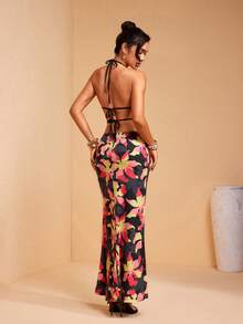 JIAN LASALA Multicolor Tropical Floral Print Halter Sleeveless Backless Long Dress Women Summer Elegant - Multicolor - View 2