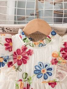 Souflis Souflis 1pc Baby Girls' Summer New Ruffled Collar Flutter Sleeve Back Zipper Elastic Waist Chiffon Embroidered Fabric Simple Versatile Cute Retro Vacation Elegant Princess Dress - Multicolor - View 5