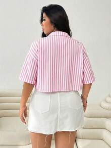 Solflare Plus Size Pink & White Striped Short Sleeve Shirt, Spring/Summer, Summer Tops - Pink - View 2