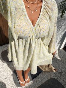 Sunnyshic Vintage Ditsy Floral V-Neck Backless Tie Strap Long Sleeve Dress For Women - Yellow - View 6