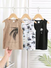 SHEIN 3pcs/Set Young Boy Casual Vacation Style Palm Tree Print Sleeveless Loose Knit Tank Top Set, Suitable For School, Vacation, Spring And Summer - Khaki - View 4