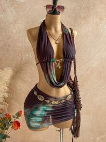 Soleia 2pcs/Set Vacation Casual Halter Tie Metal Buckle Knit Top + Pleated Skirt, Suitable For Afternoon Tea, Beach, Music Festival And Other Occasions - Multicolor - View 3