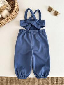 TaviRue Baby Girls' Criss-Cross Backless Jumpsuit With Bow, Fashionable Casual Streetwear,Easter Gift Sthings For Baby - Blue - View 8