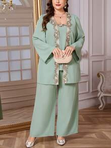 Reflora Completo da donna taglie forti, 2 pezzi, elegante outfit con decorazioni in strass viola, adatto per feste, autunno/inverno - Verde - Visualizzare 4