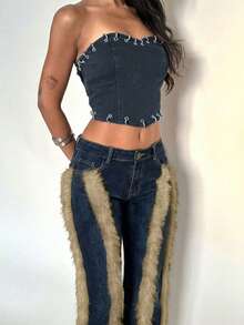 Jeanoix Quần jeans ống loe phối màu tương phản với chất liệu giả lông thú dành cho nữ - Rửa tối - Xem 4