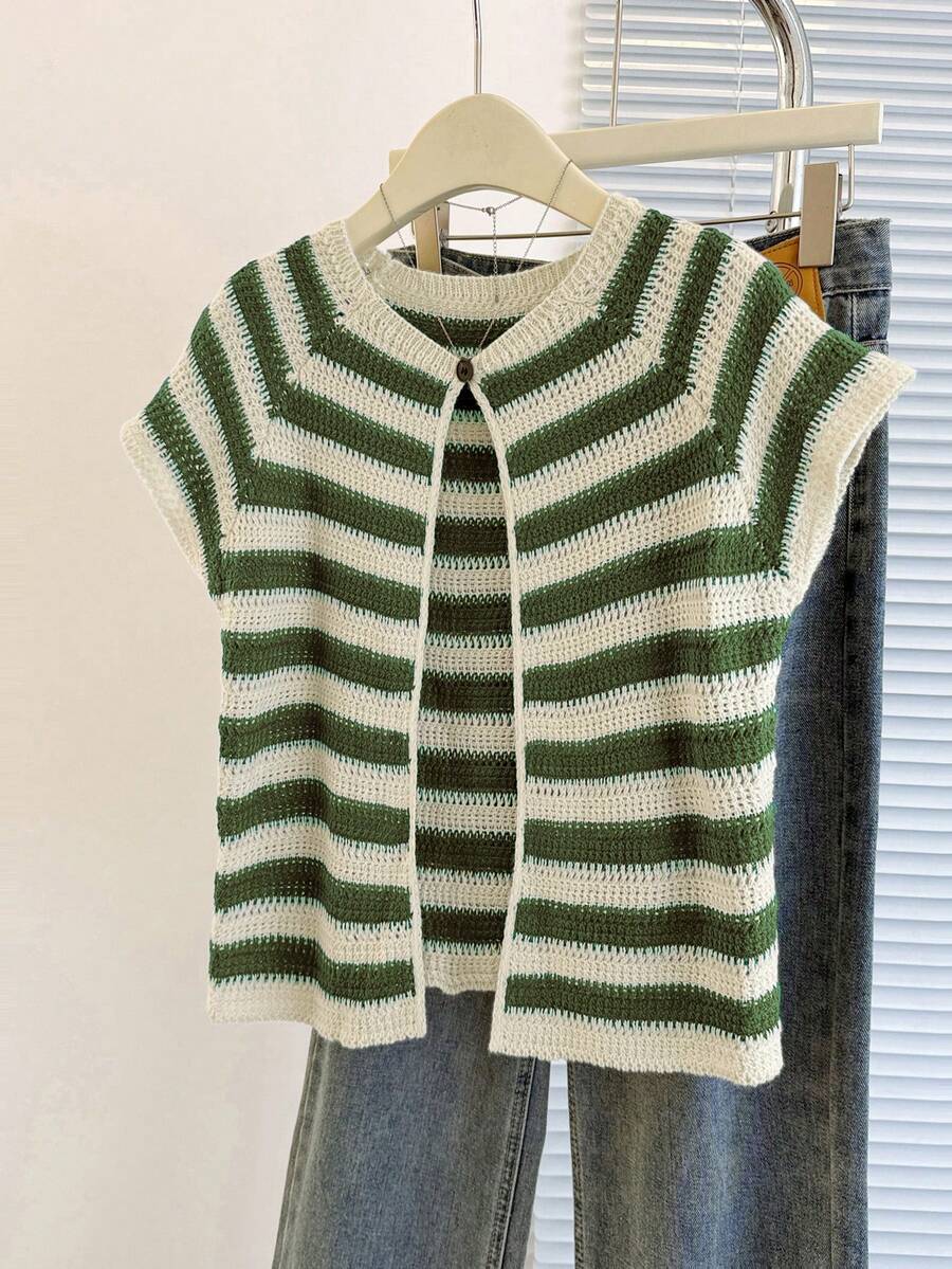 Franclia Multicolor Striped Knitwear Cardigan For Women Casual Short Length Cap Sleeve Round Neck Split Details - Multicolor - View 1