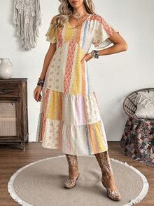 LanaWest Women's Multicolor Patchwork Bohemian Print Ruffle Sleeve Casual Mini Dress - Multicolor - View 5