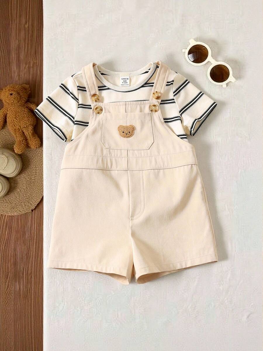 SHEIN 2pcs/Set Baby Boy/Girl Summer Korean Style Casual Cute Cartoon & Stripe Print Short Sleeve T-Shirt + Cartoon Bear Strap Shorts 2 Pieces Outfit, Suitable For Spring/Summer Wear