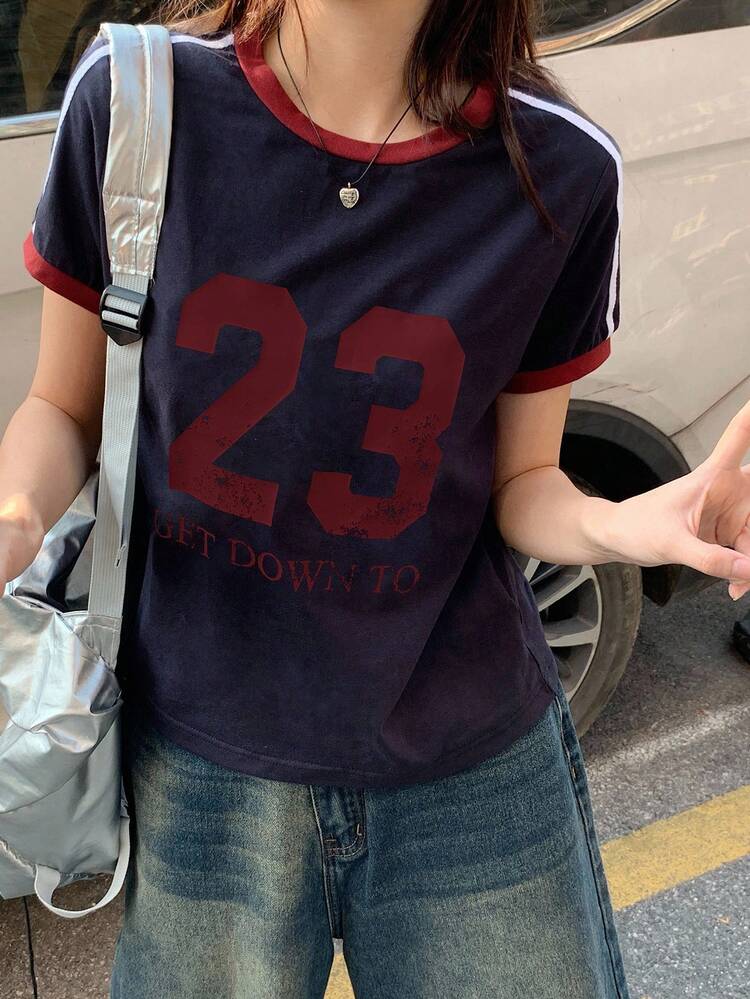 Women's Contrast Color Letter Tape Decor Fitted Casual Street Style Sporty Short Sleeve T-Shirt