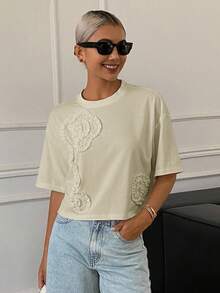 DAZY Áo thun nữ dáng rộng tay ngắn cổ tròn, xếp ly, họa tiết hoa, thích hợp mặc mùa thu. - Màu be - Xem 4